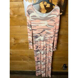 DEARCASE Pink Camouflage Maxi Dress Long Sleeve Scoop Neck Lg Pockets comfy Boho